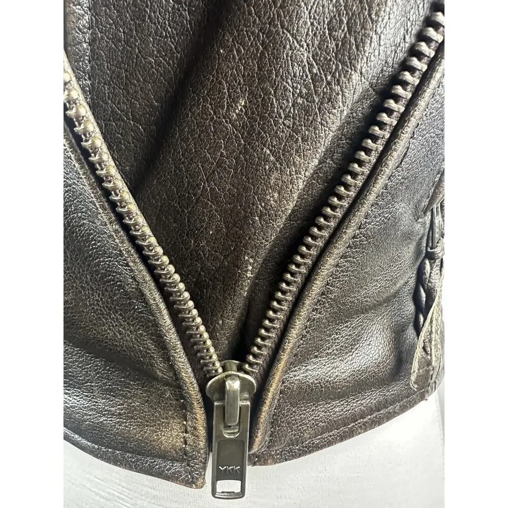 Unik Distressed Brown Leather Braided Moto Motorcycle Jacket Cross Zip Size XS - Picture 8 of 16